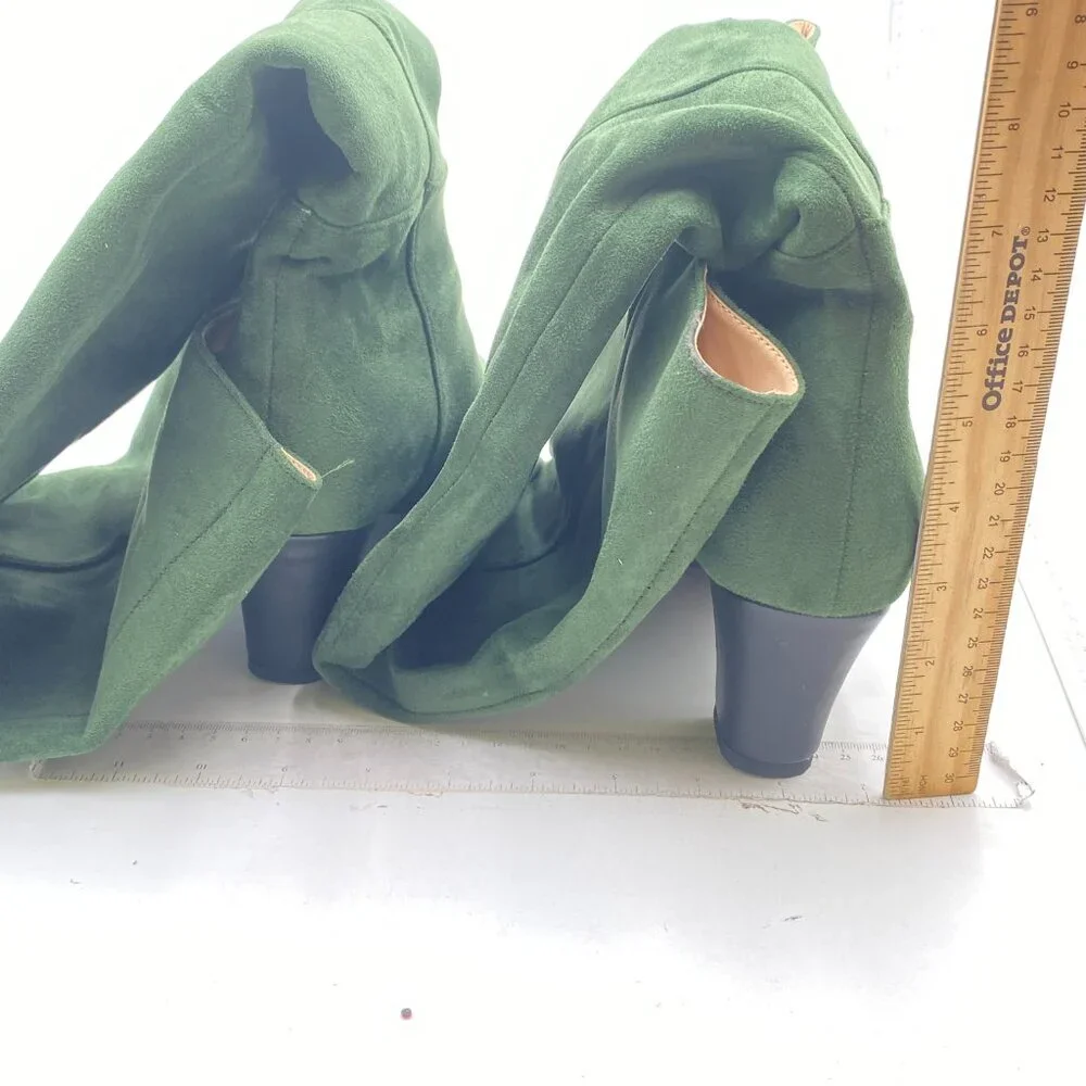 Olive Suede Women Comfortable Calf Knee Boots Stretch Pull On Closed Toe Booties